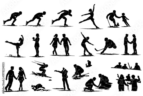 Silhouette illustrations of diverse athletes engaging in various winter sports activities.