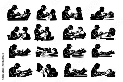 Tattoo artists at work: silhouette illustrations of diverse tattooing techniques.