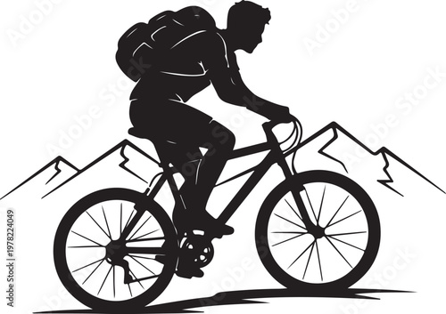 Silhouette of a person with a backpack cycling down a mountain trail, embodying adventure and outdoor recreation