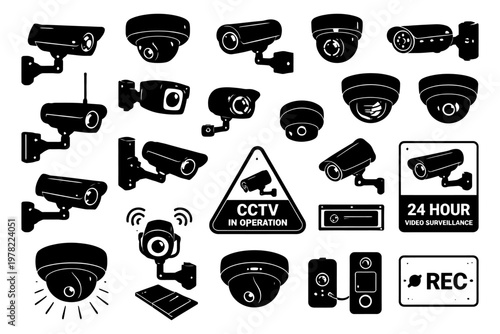 Collection of various cctv camera icons and surveillance signs in black and white.