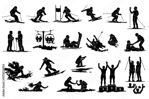 Silhouettes of skiers engaged in various winter sports activities.