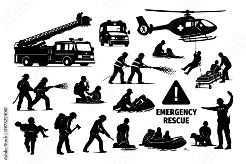 Silhouettes of emergency rescue operations.