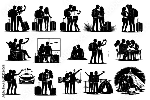 Silhouettes of couples traveling: adventure, exploration, relaxation, and camping together.