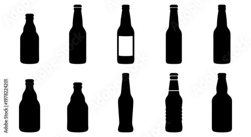 Beer bottle silhouette collection, set of 10 glass bottle icons for brewery branding, black beverage bottle vector shapes on white background
