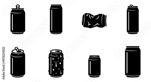 Black aluminum soda can icons set, 8 vector beverage can silhouettes, crushed and open tin cans for recycling and drink packaging design