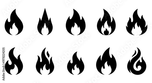 Black fire flame icon set, 10 flat vector bonfire silhouettes, minimalist burning heat symbols for logo design and safety signage
