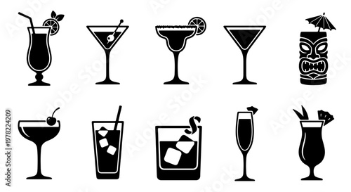 Minimalist cocktail icon set, 10 black vector drink silhouettes, alcoholic beverage glassware with garnishes for bar menus and signage