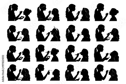 Silhouettes of female makeup artists applying cosmetics.
