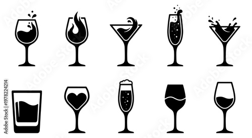 Minimalist cocktail glass icons set, black alcoholic drink silhouettes with splashes, 10 vector bar glassware symbols for menu design and nightlife