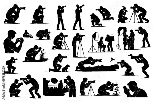 Silhouette photographers capturing nature and studio scenes in various artistic poses.