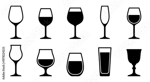 Minimalist wine glass icons set, 10 black glassware silhouettes for bar and restaurant menus, elegant drinkware vector collection on white background