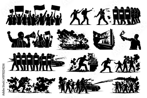 Silhouettes of protesters and riot police with dramatic actions and explosive scenes.