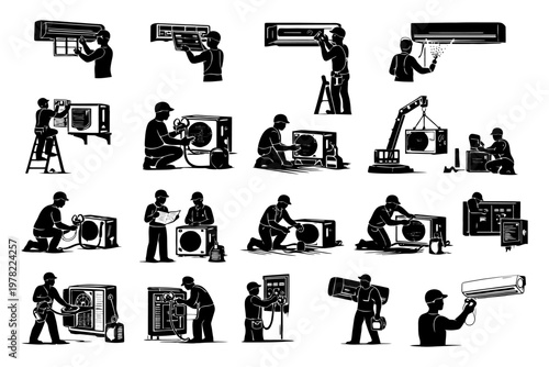 Silhouette illustrations of hvac technicians performing air conditioner maintenance tasks.