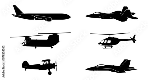 Aviation silhouette collection with 6 aircraft icons, military jet and commercial airplane vector set, helicopter and biplane transport symbols