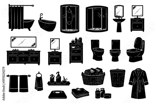 Black and white bathroom icons set featuring tubs, sinks, mirrors, and toilets.