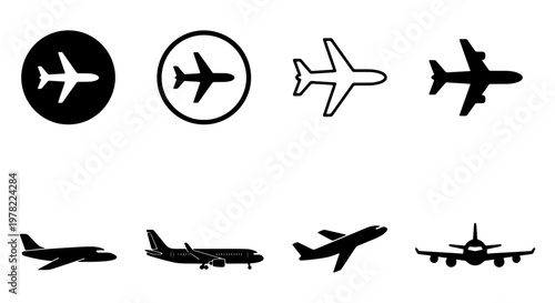 Airplane icon set with 8 black vector silhouettes, minimalist aircraft symbols for travel and aviation, commercial flight and airport signage elements