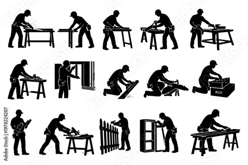 Silhouette set of male carpenters engaged in various woodworking tasks.