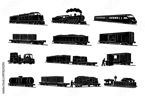 Variety of train car types and rail transportation elements.