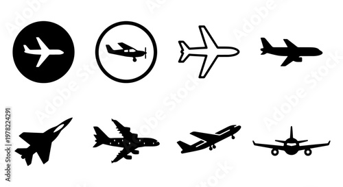 Airplane icon set with 8 vector elements, black aircraft silhouettes for travel and aviation, minimalist plane symbols for flight tracking and logistics