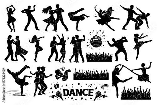 Silhouette dancers in various poses and crowd scenes with disco ball.