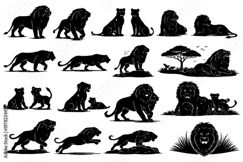 Silhouette illustrations of lions and lionesses in various poses.