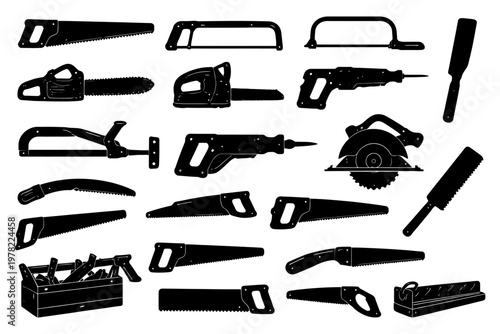 Silhouette collection of various hand and power saws and toolbox.