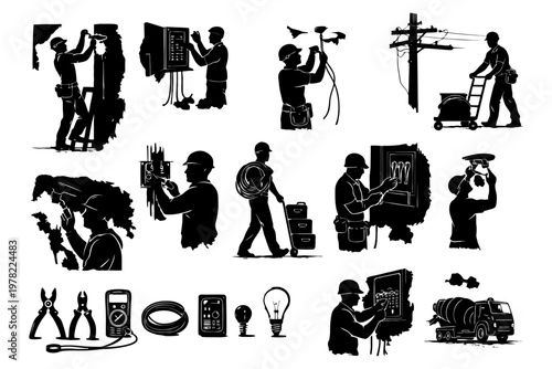 Silhouette illustrations of diverse electricians at work with tools and equipment.