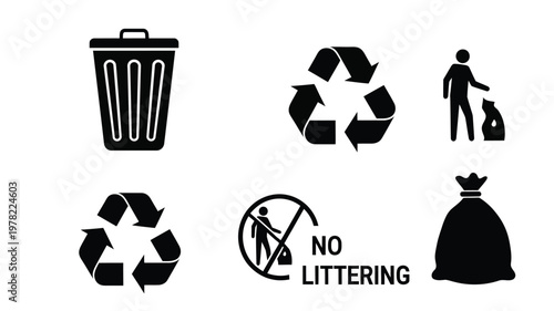 Recycling symbols waste bin and a dog owner with a bag silhouette