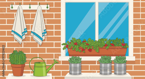Home gardening scene with plants in tins and a watering can on a brick wall background by a window creates a peaceful and domestic atmosphere.