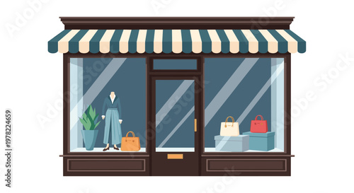 Upscale clothing boutique storefront with mannequin and luxury handbags in the window display under a striped awning illustration in flat style.