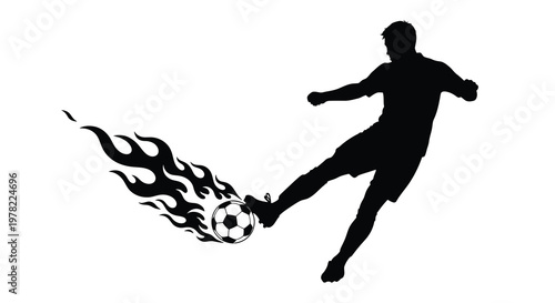 A dynamic soccer player kicks a ball with fiery trails a striking silhouette