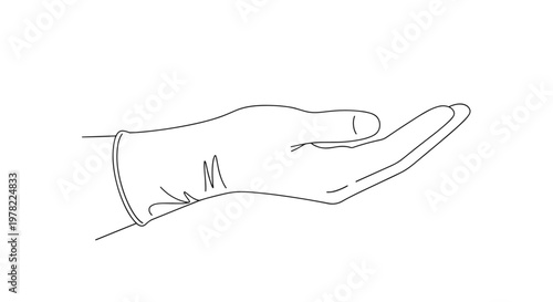 Simple line drawing of a human hand wearing a protective medical latex glove is shown against a white background.
