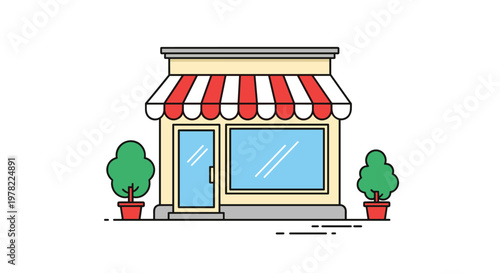 Flat vector illustration of a small shop exterior with a red and white striped awning and green trees in pots.