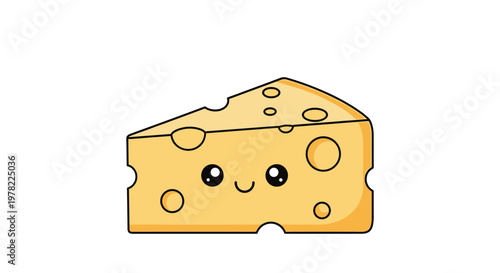 Adorable cartoon character design of a yellow cheese wedge with a cute smiling face isolated on white background.