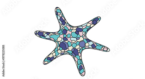 Stylized starfish illustration is filled with small colorful stones in shades of blue, purple, and cream white.