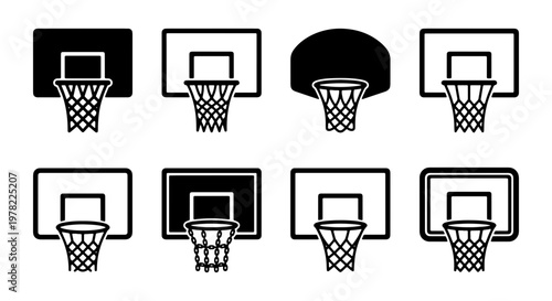 Basketball hoop icon set with 8 vector elements, minimalist backboard and net symbols, black and white sports equipment graphics for tournament apps