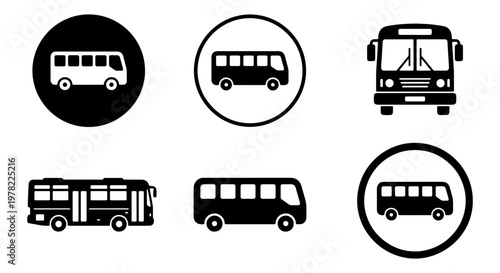 Bus icon set with 6 vector elements, black and white public transport symbols, city shuttle and school bus silhouettes for navigation maps