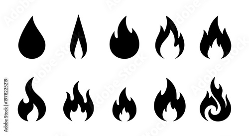 Minimalist fire flame icons set, black silhouette bonfire and campfire symbols, 10 flat vector elements for logo design and warning signs