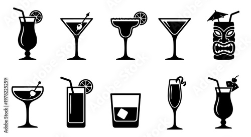 Cocktail icon set with 10 black vector silhouettes, alcoholic drink glassware collection, bar menu beverage symbols for nightlife and party design