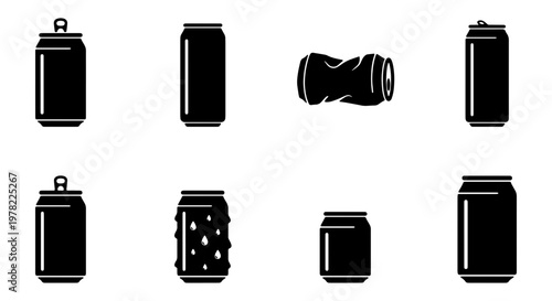 Aluminum soda can icons set, black beverage tin silhouettes, 8 vector elements of crushed and whole metal drink containers for recycling and waste