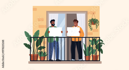 Two men stand on a balcony and hold up blank white posters during a neighborhood protest or community message.