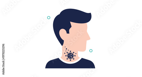 Illustration of a human head in profile shows blue virus particles attacking the throat and neck area for medical education.