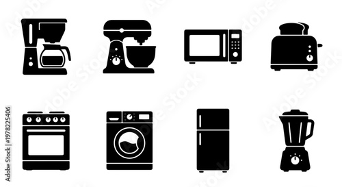 Modern kitchen appliances icon set, black household electronics vector collection, 8 minimalist home equipment symbols for interior design and retail