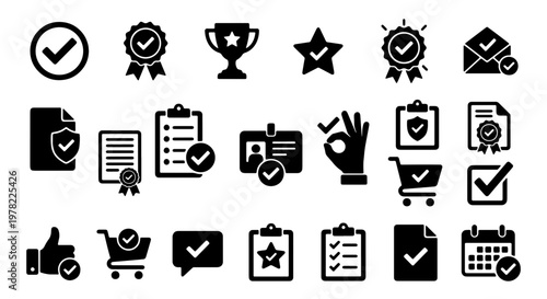 Black check mark icon set, 21 quality assurance and approval symbols, flat vector checkmark icons for business verification and success