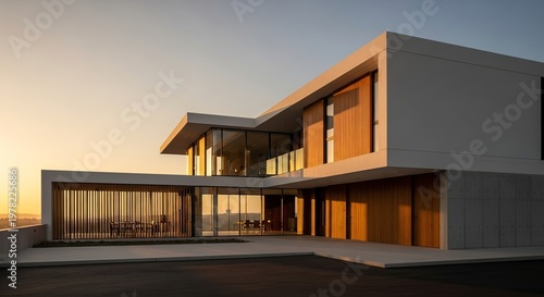Modern architectural design with large glass windows and sunset.
