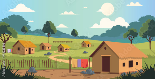 Peaceful Rural Village Illustration Featuring Small Thatched Roof Houses, Green Landscapes, Winding Paths, and Bright Sunny Sky in Flat Art Style