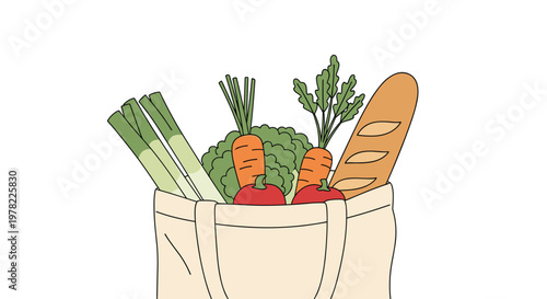 Fabric tote bag is filled with healthy fresh groceries including baguettes, carrots, tomatoes, and leafy greens.