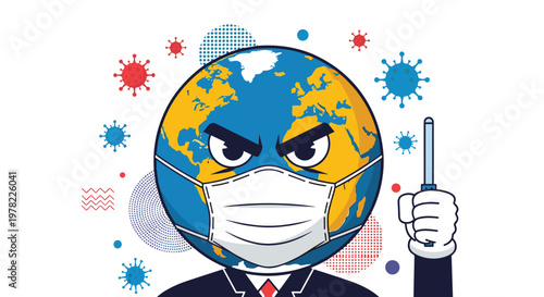 Angry planet Earth mascot wearing a medical mask holds a thermometer and is surrounded by floating virus cells.