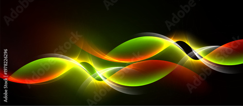 Abstract waves, vibrant colors blend. Dynamic shapes create luminous effect against dark background. Modern design, energy flows.