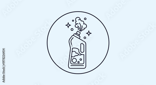 Cleaning detergent bottle icon with soap bubbles and sparkling stars inside a circular frame for laundry and household sanitation.
